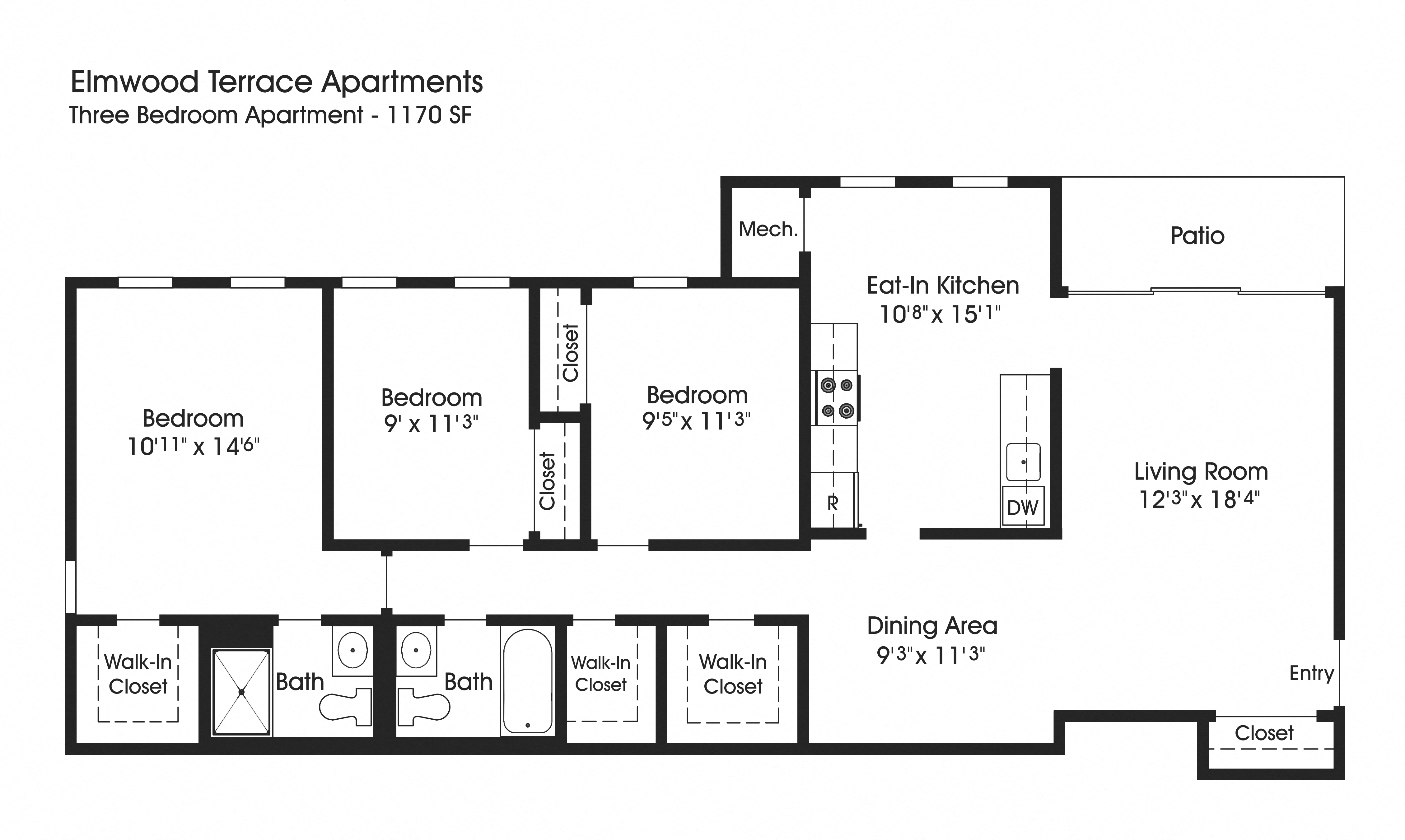 Floor plan for 3 beds, 2 baths, 1170 sqft